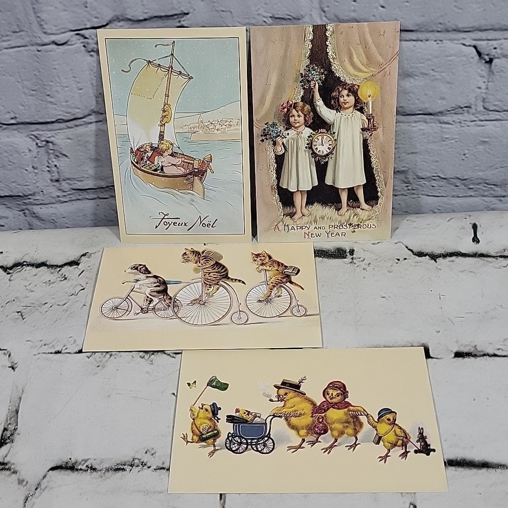 Reproduction Of Antique Postcards Lot Of 4 Anthropomorphic Christmas New Years